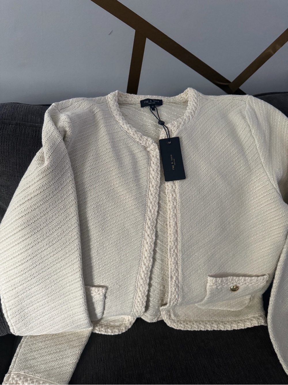 rag & bone Ivory Braided-Trim Open Cardigan
